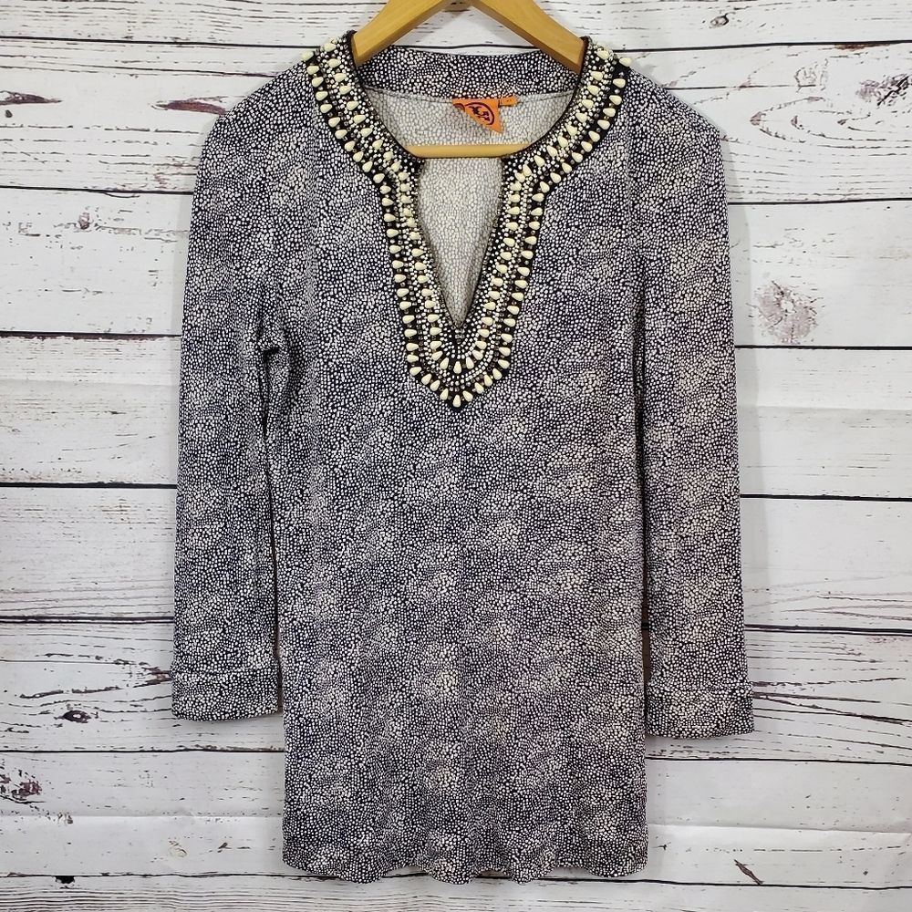 Tory Burch Navy & White Silk Printed Embellished Neck Shell Top, Size XS